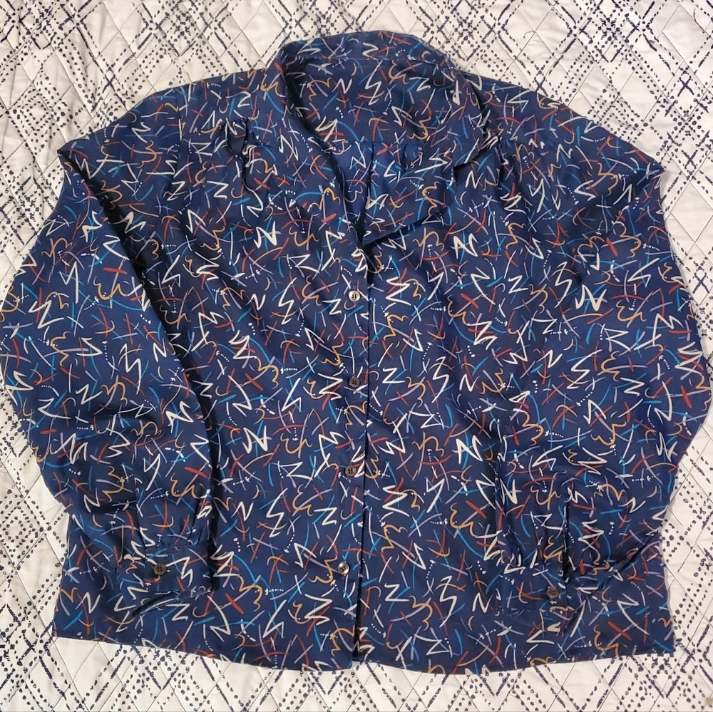 Memphis Design Abstract Zig Zag Rainbow Blue Button Up